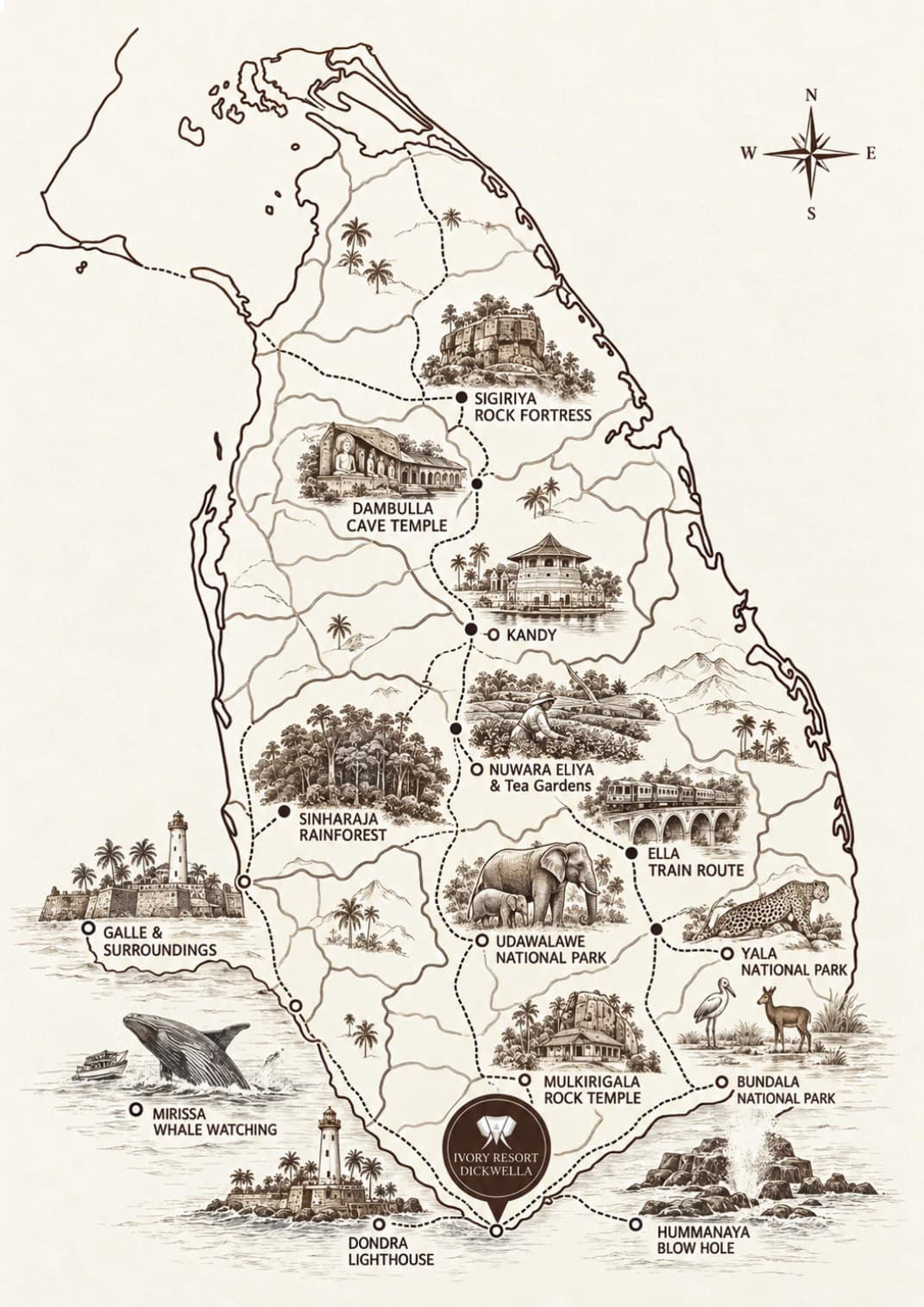 Illustrated map of Sri Lanka showing the routes from Ivory Resort Dickwella to Galle, Mirissa, Yala, Ella, Kandy, Sigiriya and other highlights